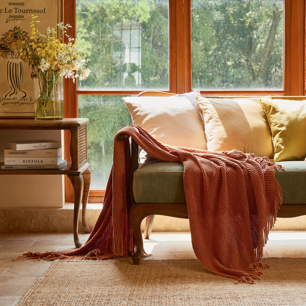 Throw Blanket for Couch, Soft Boho Bed Throw, Cozy Burnt Orange Chenille Knitted Small Spring Lightweight