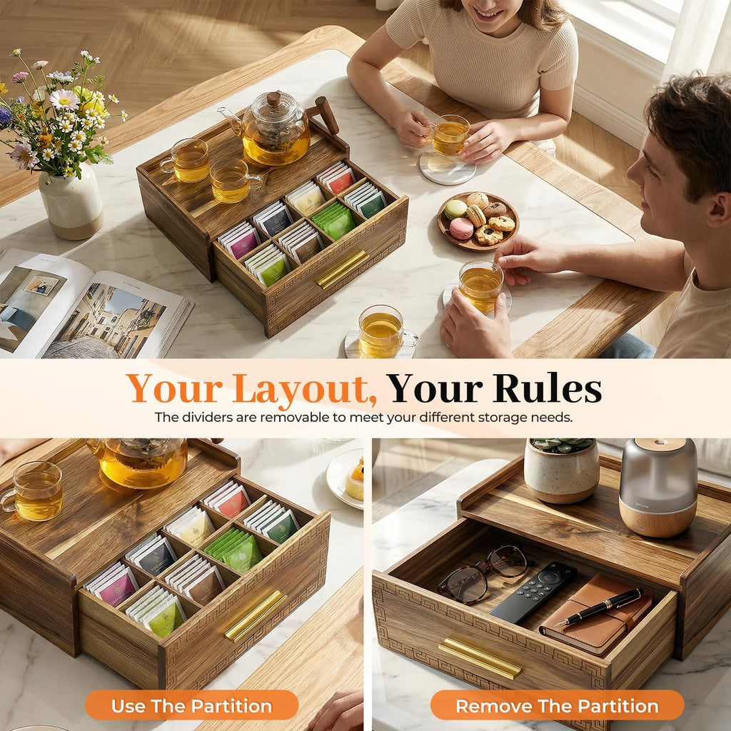 Acacia Wood Tea Bag Organizer with Storage Drawer | 8 Compartments Tea Caddy with Pattern Carving & 2 Ceramic