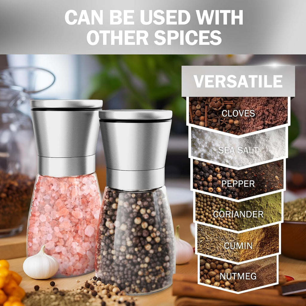 Original Stainless Steel Sea Salt and Pepper Grinder - Adjustable Ceramic - Glass Salt and Pepper Shakers - Set of 2
