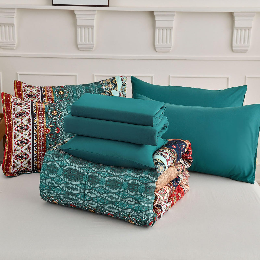 Boho Queen Comforter Set, 8 Pieces Striped Bed in a Bag
