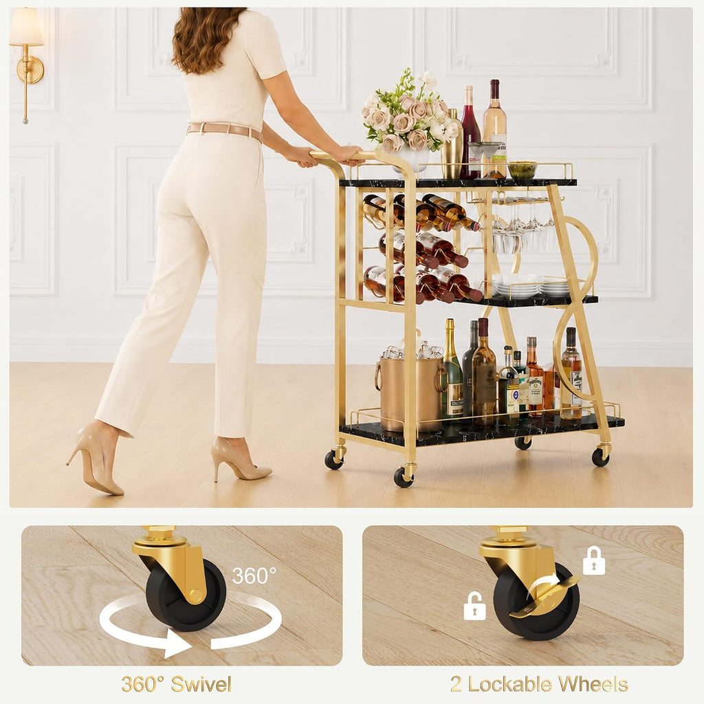 Bar Cart Bar Serving Cart on Wheels, 3 Tier Liquor Carts with Wine Rack and Glass Holder, Rolling Beverage Trolley