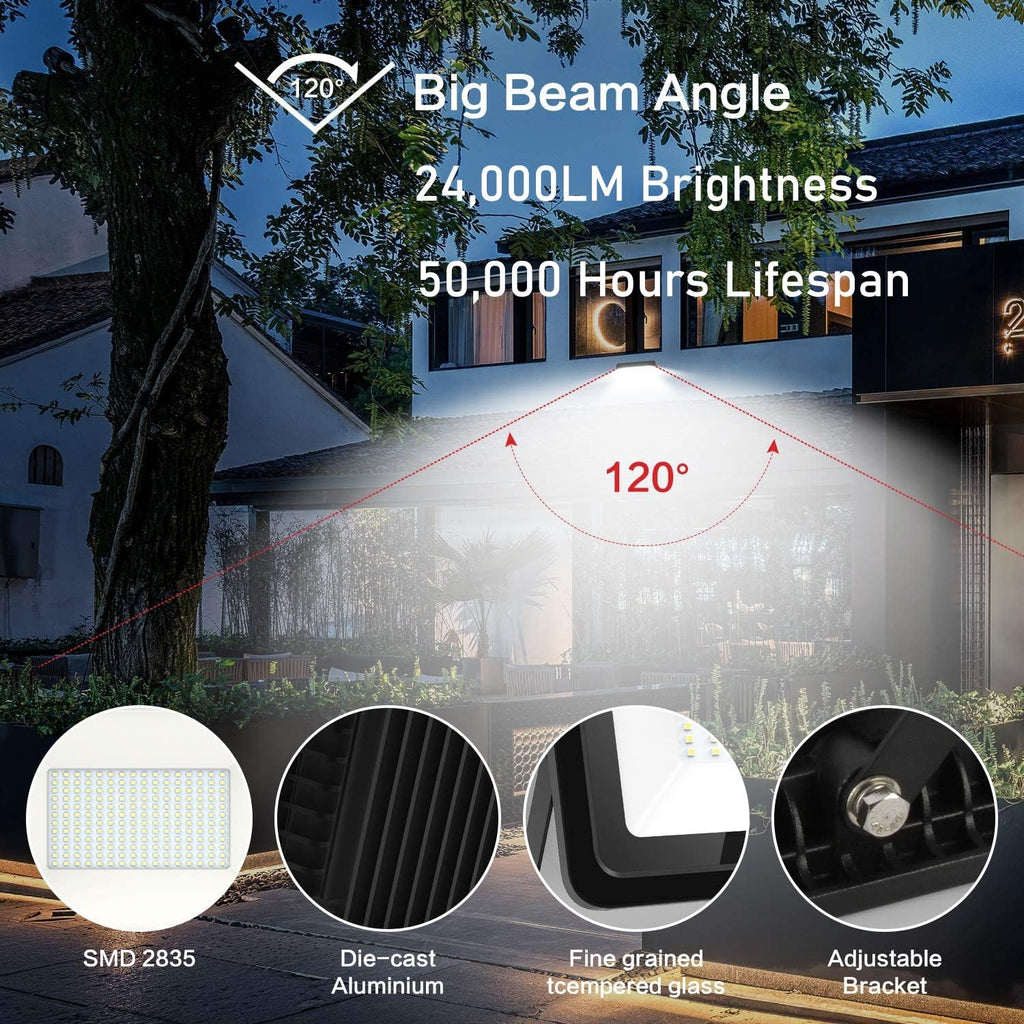 200W LED Flood Light, 6000K Daylight White 24,000lm Super Bright, Waterproof IP66 with Plug, Work Light for Parking