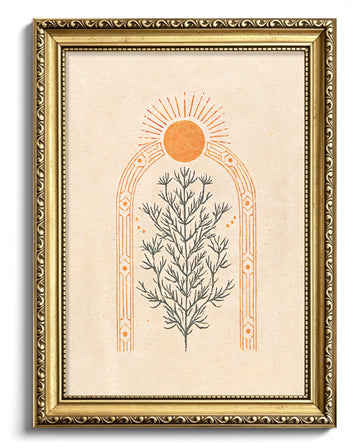 Gold Framed Mid Century Modern Botanical Wall Art, Boho Sun Tree Arch Picture Wall Decor, Neutral Orange Canvas