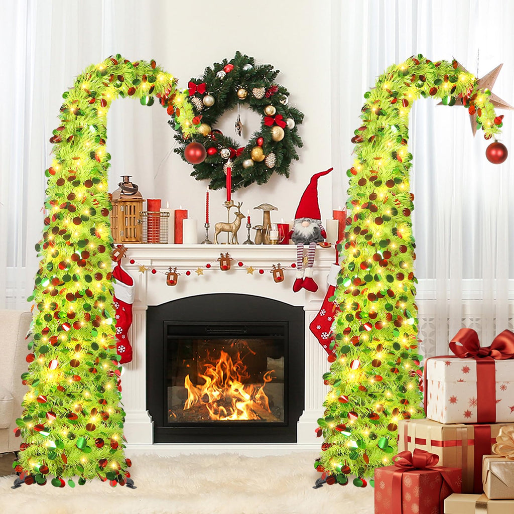 5 FT Whimsical Pop Up with Timer Lights, Lime Green Christmas Tinsel Tree Collapsible Artificial Curved Pencil Tree