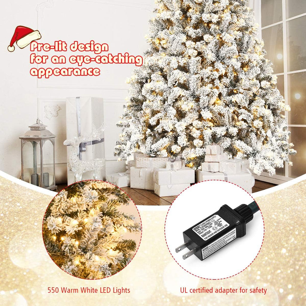Pre-Lit Christmas Tree, Snow Flocked Hinged Xmas Tree