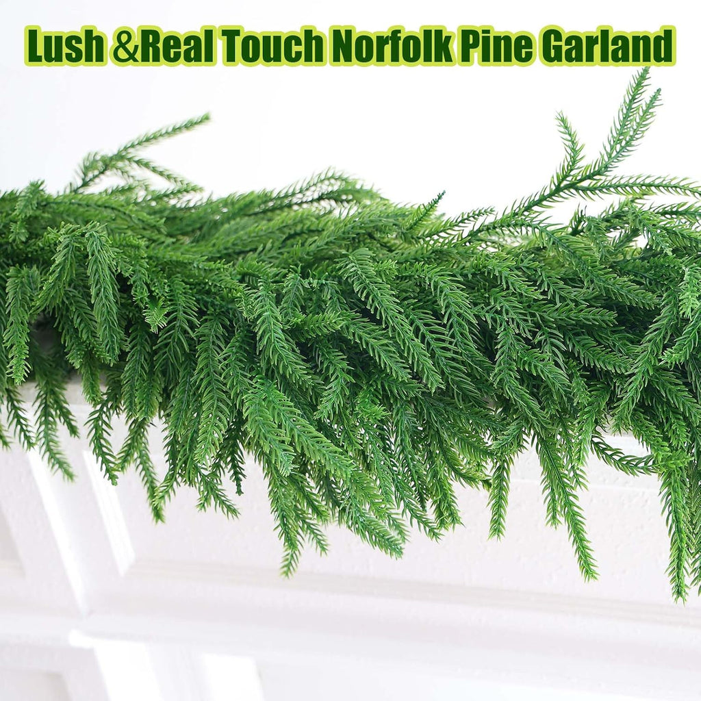 Extra Full: 15FT Christmas Norfolk Pine Garland, Greenery Real Touch Decorations for Mantle Table Staircase Fireplace