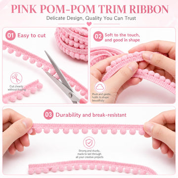 Pom Trim Ribbon, Pink 1/2 Inch Pom Ball Fringe Lace Trim - 8.5 Yards