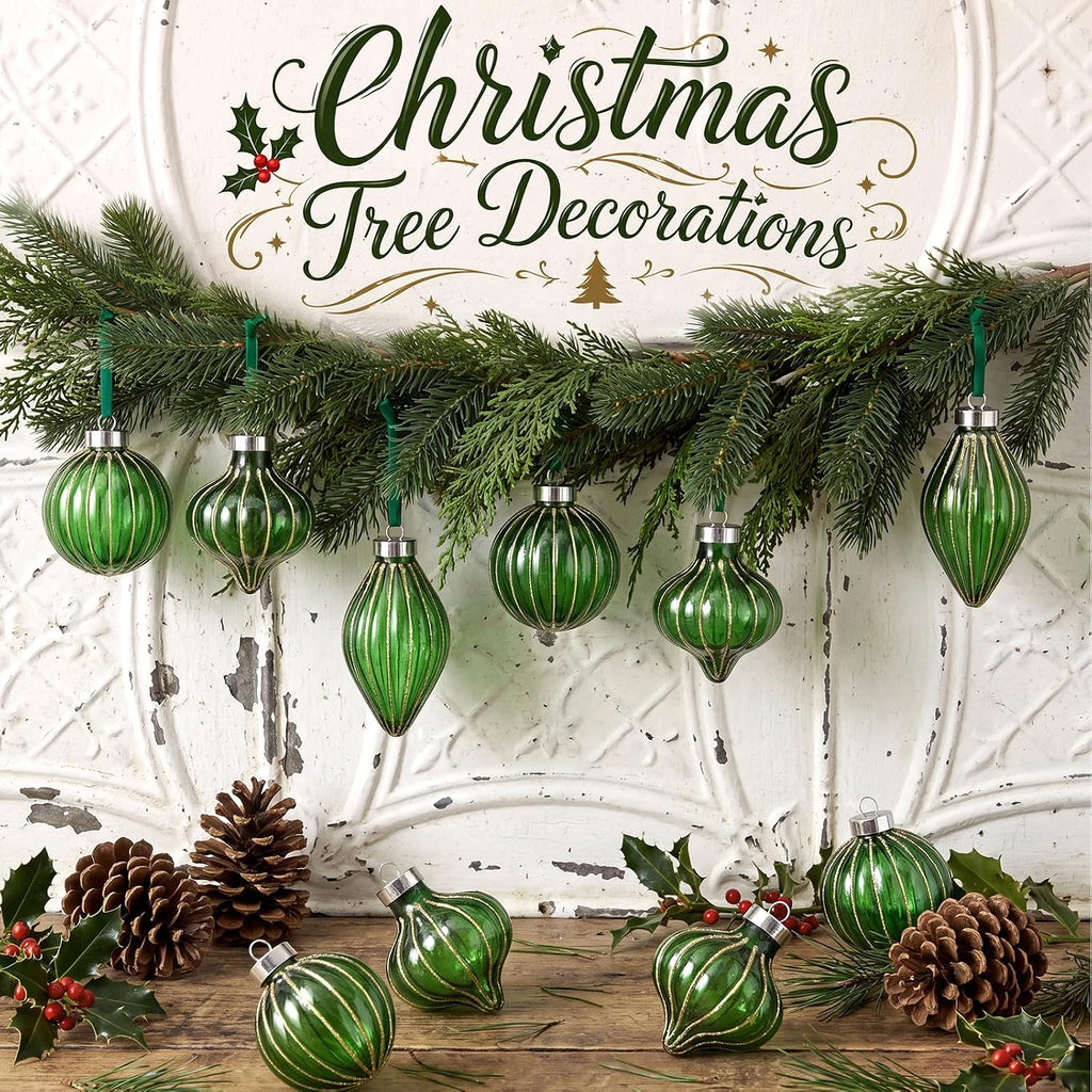 Vintage Neutral Christmas Ball Ornaments, Dark Green - Set of 9