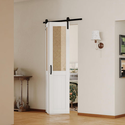 Bifold Barn Door, Cane Webbing Panel with Sliding Folding Closet Door Hardware Kit Set, 36"x 84" Fin
