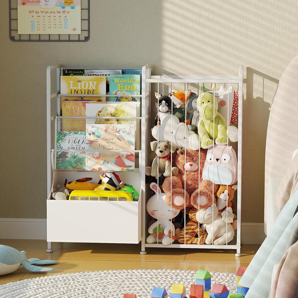 Kids Bookshelf and Stuffed Animal Storage - Multi-Function Nursery Book Shelves with Leather Toy Box and PVC Book