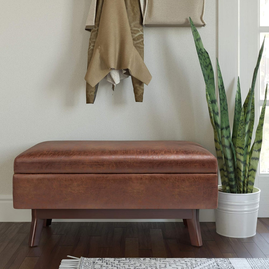 Owen 36" Wide Vegan Leather Lift Top Ottoman in Saddle Brown | Distressed saddle brown, mid-century modern lift-top