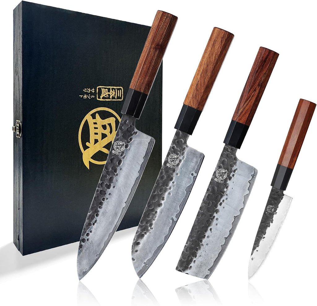 4-Piece Japanese Chef Knife Set, San-Mai 9Cr18MoV | Gyuto Santoku Nakiri Paring, Deep-Cryo Heat Treatment, Tsuchime