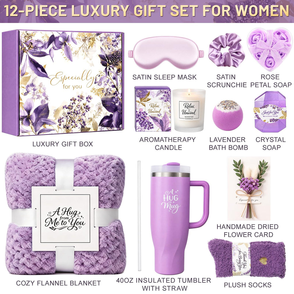 Birthday Gifts for Women, 12-Piece Christmas Gift Basket with 40oz Tumbler & Soft Blanket, Luxury Spa Gift Set for