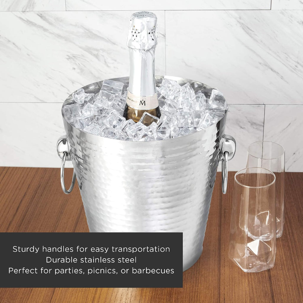 Hammered Metal Ice Bucket, Stainless Steel Beverage Drink Tub With Handles, Champagne, Wine, Beer and Cocktail