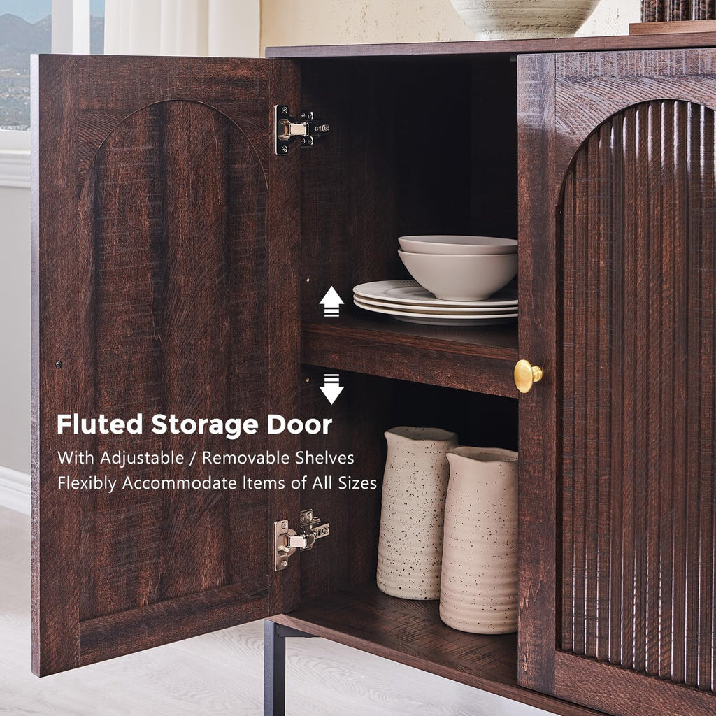 Modern Sideboard Buffet Cabinet, 34 inch Tall Fluted Arched Buffet Cabinet with Storage and Adjustable Shelves