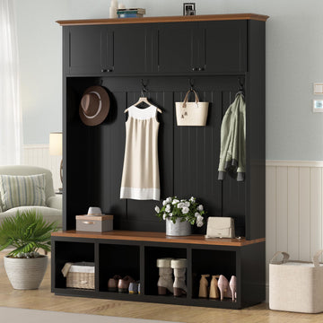 Wood Rustic 59''W Hall Tree Entryway Bench with 4 Hooks and Cabinets, Farmhouse Mudroom Versatile Coat Racks with