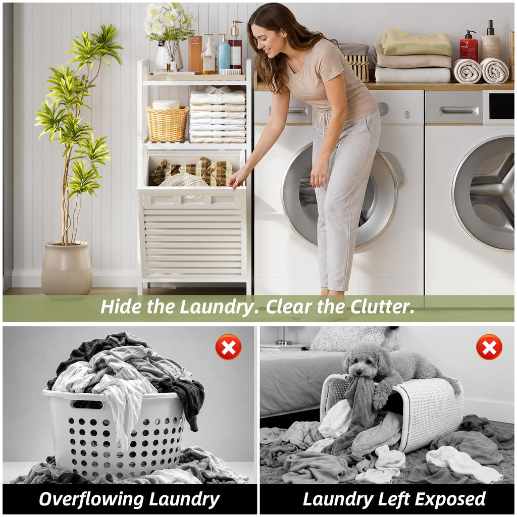 Bamboo Tilt Out Laundry Hamper Cabinet with Removable Bag, White