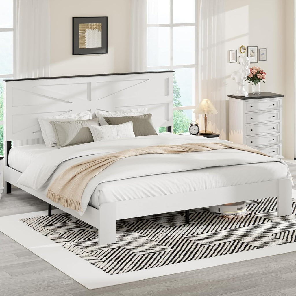 Farmhouse King Wooden Bed Frame with Headboard, Boho Platform Bedframe, Sturdy Metal Slats Support, No Box Spring