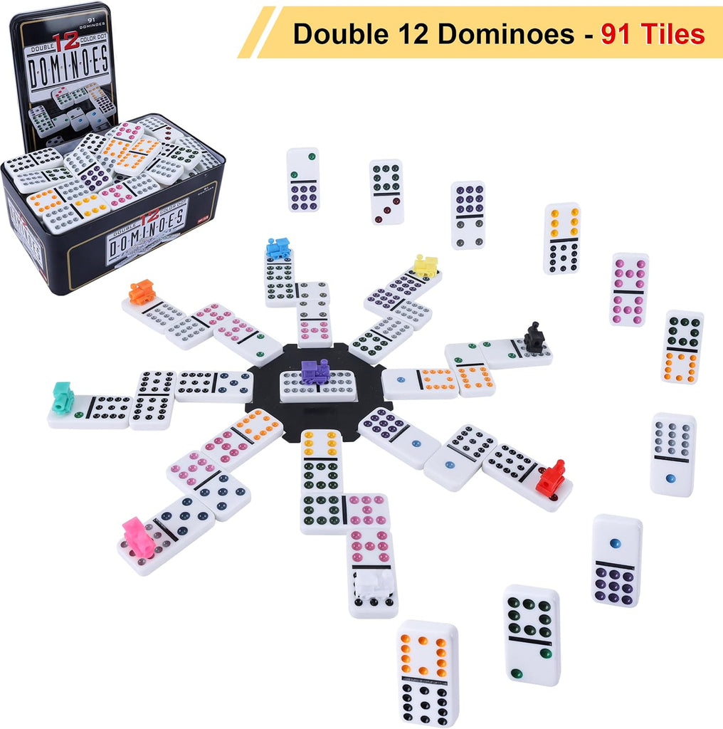 Double 12 Mexican Train Dominoes Set for Adults with Wooden Holders, 9 Train Markers, 91 Color Dot Tile Dominos - Set of 8
