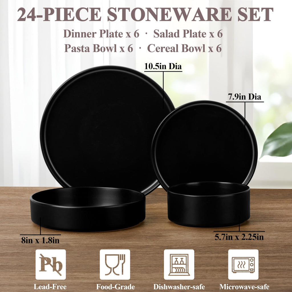 Dinnerware Sets with Pasta Bowls for 6, 24 Piece Dinner Salad Plates and Cereal Serving Bowls, Stoneware Dishes