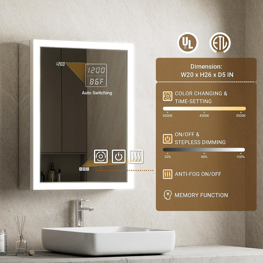 Lighted Medicine Cabinet with Mirror & Clock -20x26 Surface or Recessed Aluminum Medicine Cabinet with Dimmable Light