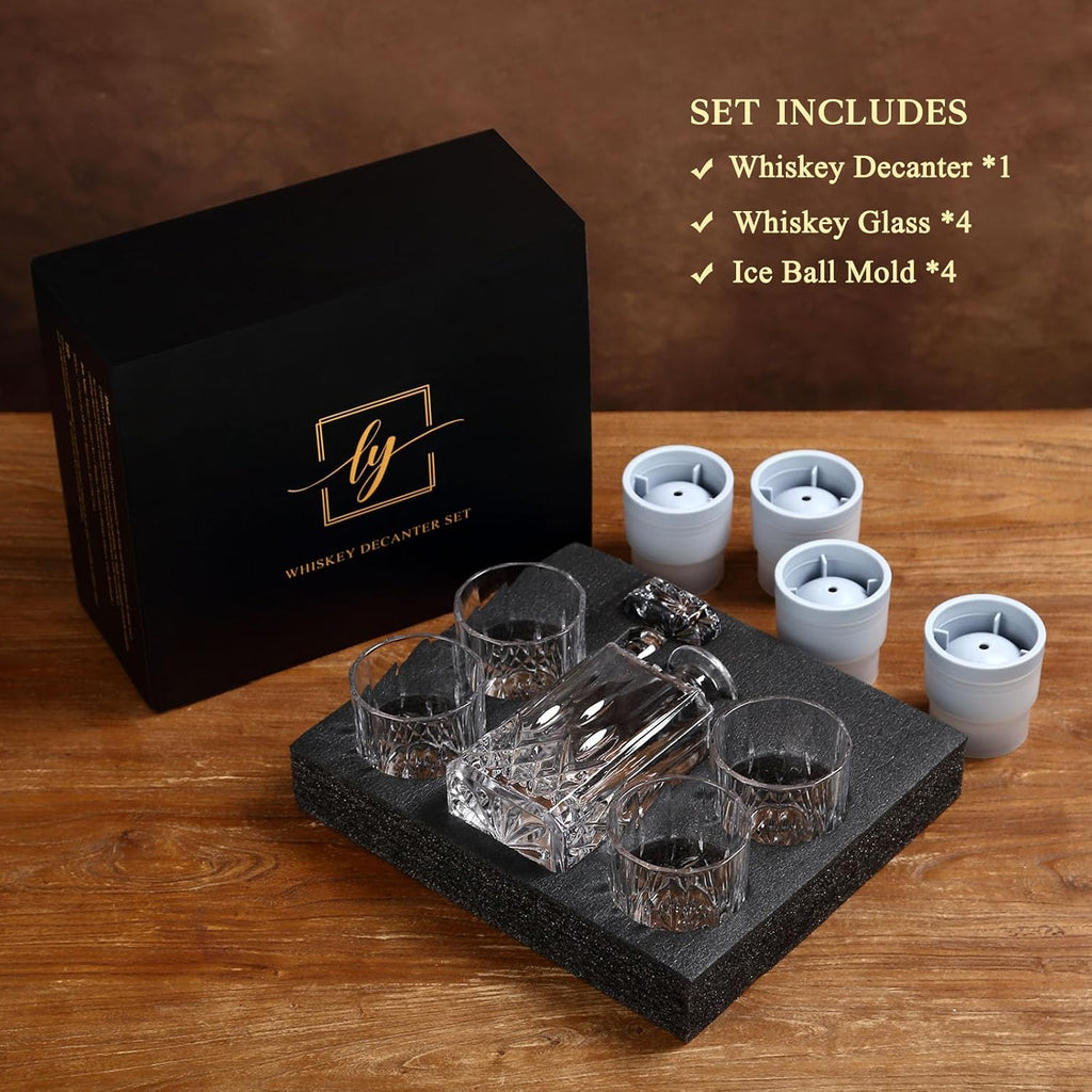 Crystal Whiskey Decanter Set In Gift Box - Includes 4 Crystal Whiskey Glasses and 4 Big Ice Ball Molds - Unique - Set of 9