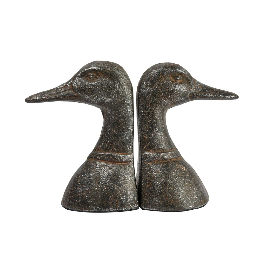 Decorative Distressed Cast Metal Duck Head Bookends, Black, Set of 2