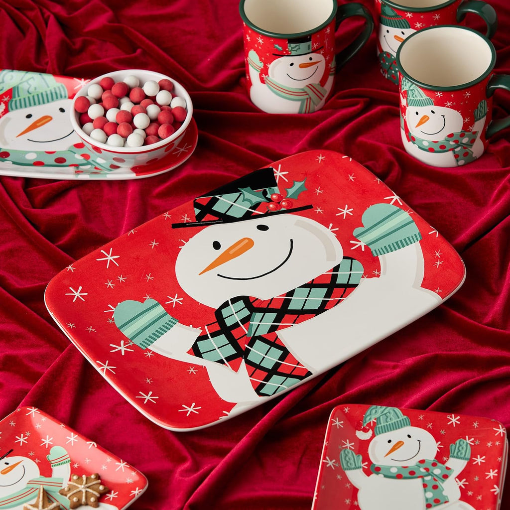 Christmas Whimsy Snowman Rectangular Platter 14x10 Inch - Festive Holiday Ceramic Serving Tray with Cute Snowman Art