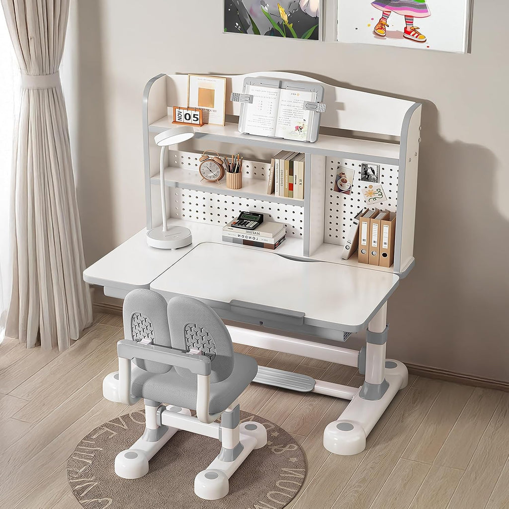 Height Adjustable Desk and Chair Set for Kids, Ergonomic Learning Desk with Tiltable Desktop Hand Crank Children's