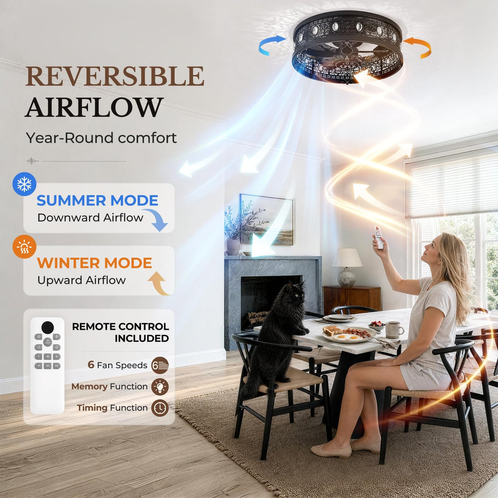 2026 Upgrade Caged Ceiling Fans with Lights, 18" Flush Mount Ceiling Fan with Remote, Low Profile Crystal Fandelier