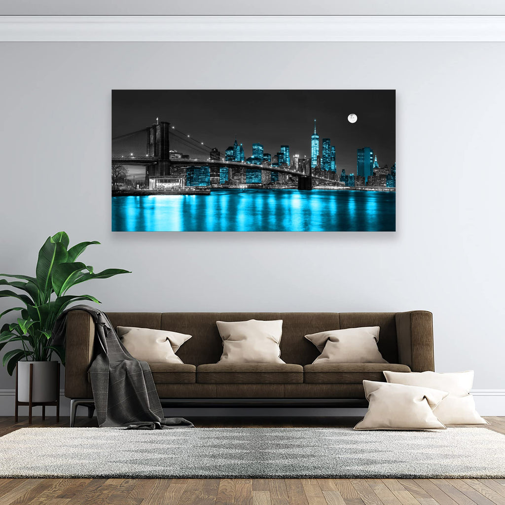 Wall Canvas Painting Black White and Blue New York Brooklyn Bridge 1 Piece Cityscape Night Building Picture Poster