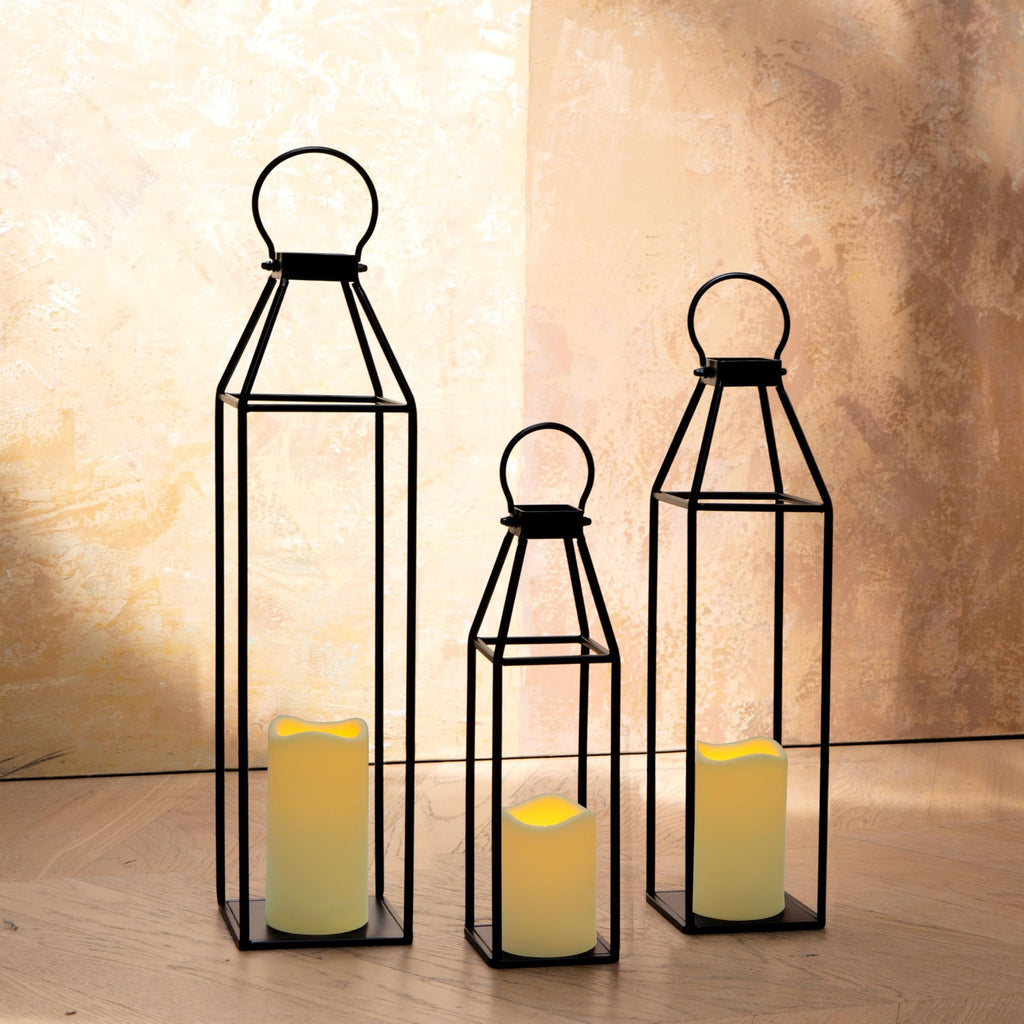 Set of 3 Black Metal Lanterns w/ Waterproof Flickering Flameless Candle & Remote Timer, Modern Farmhouse Lanterns