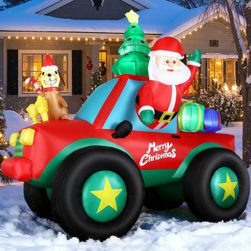 8FT Christmas Inflatable Truck Outdoor Decoration with Built-in LED Lights, Blow up Santa Claus Driving Car with Xmas