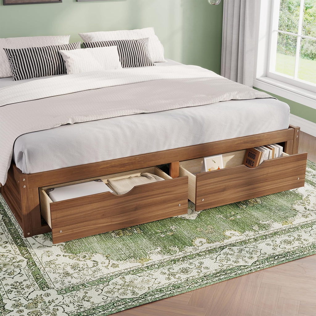 King Size Wooden Floor Bed Frame with 6 Storage Drawers