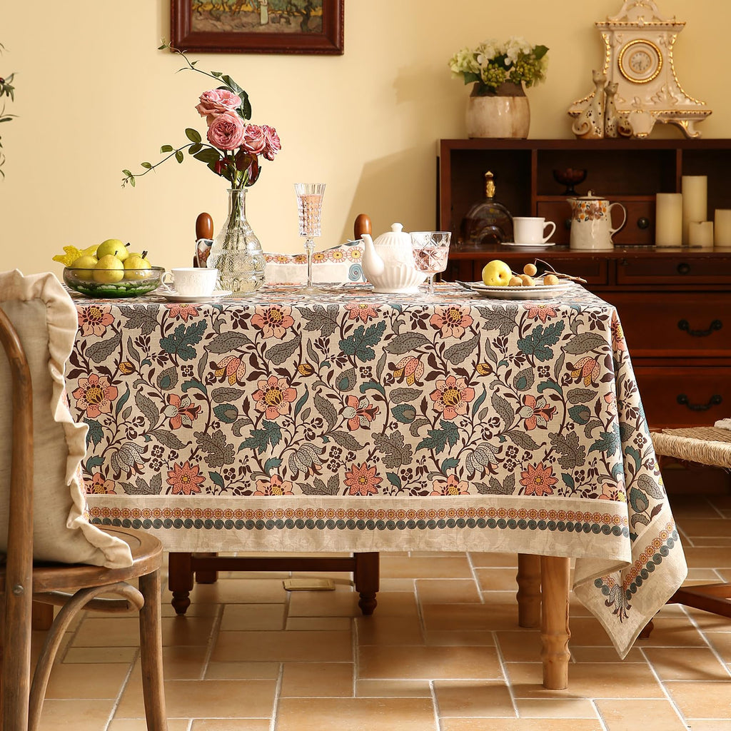 Designer Boho Floral Square Tablecloth, Linen Lotus Flower Pattern Colorful Indoor Table Cloth, Durable Decor