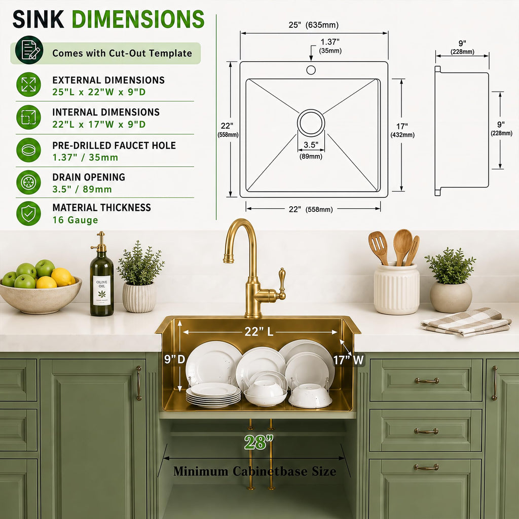 25 Inch Gold Drop- Sink, 16 Gauge Workstation Sink