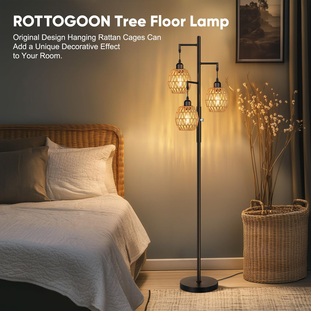 Dimmable Boho Floor Lamp - 3 Light Farmhouse Rattan Floor Lamps, Tree Floor Lamps with Bohemian lampshades, Rustic