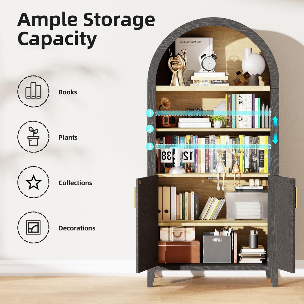 63" Arched Storage Cabinet, 5-Tier Arched Bookshelf, Black & Rattan | Wood Storage Cabinet with Adjustable Shelvess