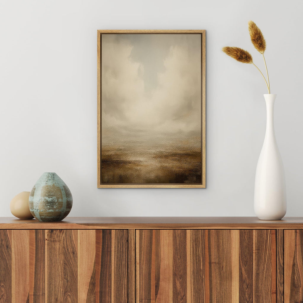 Framed Canvas Print Wall Art Misty Sky and Earth Vertical Neutral Abstract Landscape Fine Art Decorative