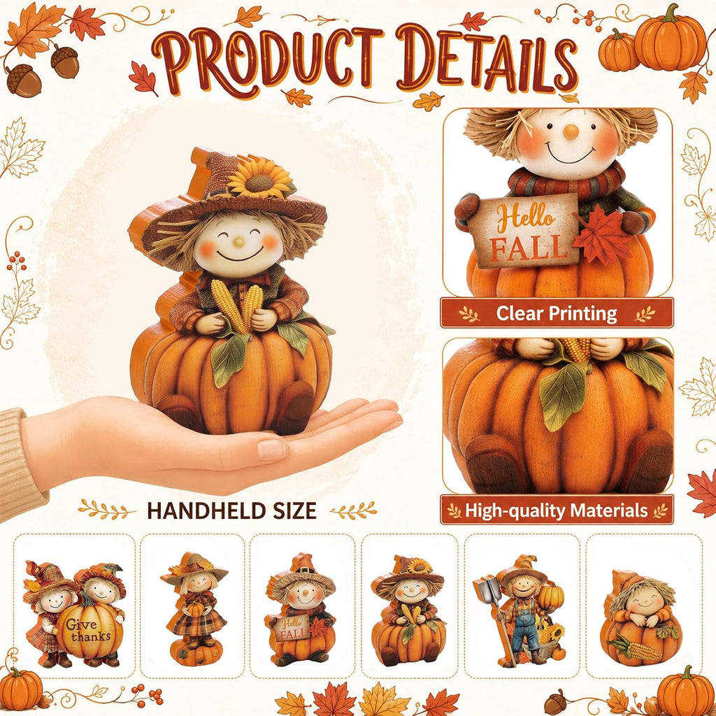 Fall Decor Wooden Scarecrow Pumpkin Figurines Rustic Autumn Harvest Tabletop Decoration for Thanksgiving - Set of 6