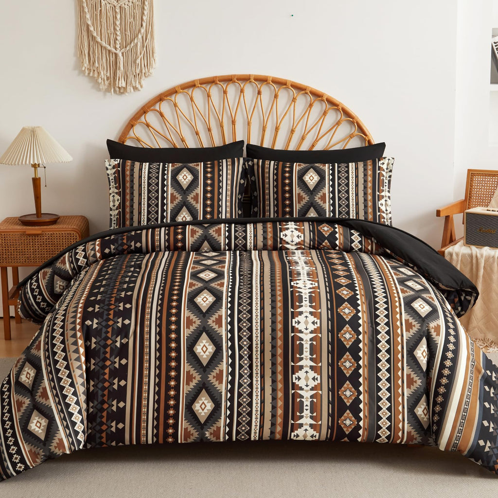 Queen Size Comforter Set Dark Coffee, 7 Pieces Boho Aztec Bed in a Bag Lightght Comforters Bedding Set with Sheets &