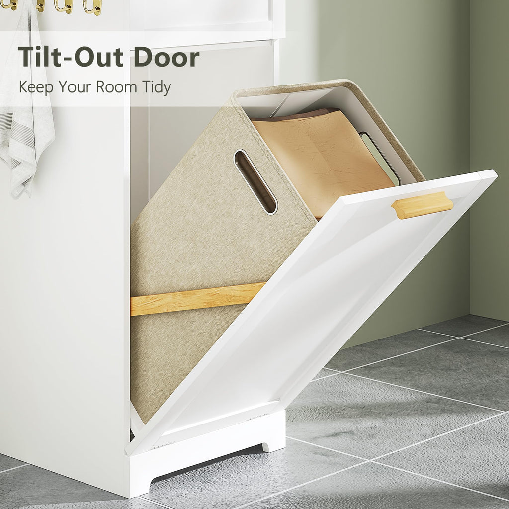 Tilt Out Laundry Hamper, 35" Bathroom Cabinet with Hidden Removable Basket, 1 Drawer and 4 Side Hooks for Storage