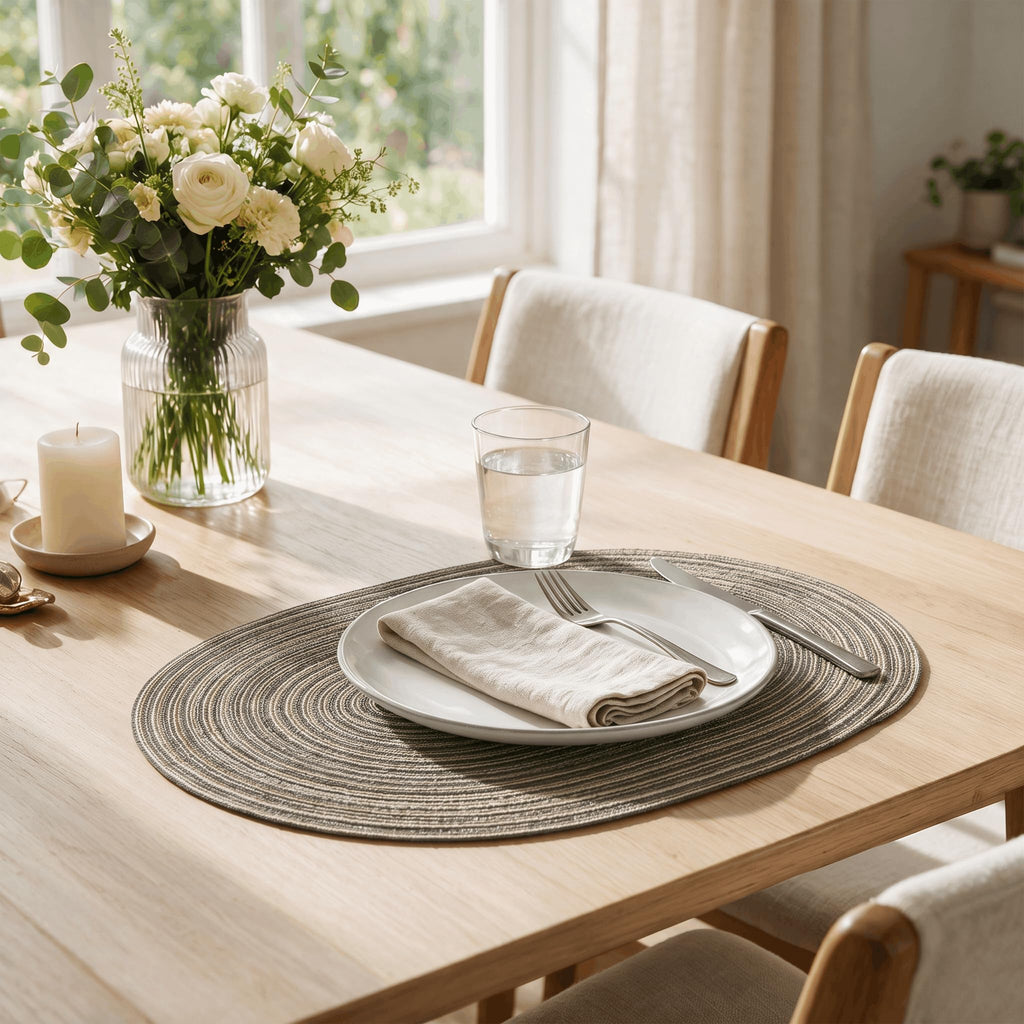 Brown Polyester Oval Braided Placemats Set of 4, 12 x 17.5 Inch Washable Non-Slip Heat Resistant Table Mats Dining