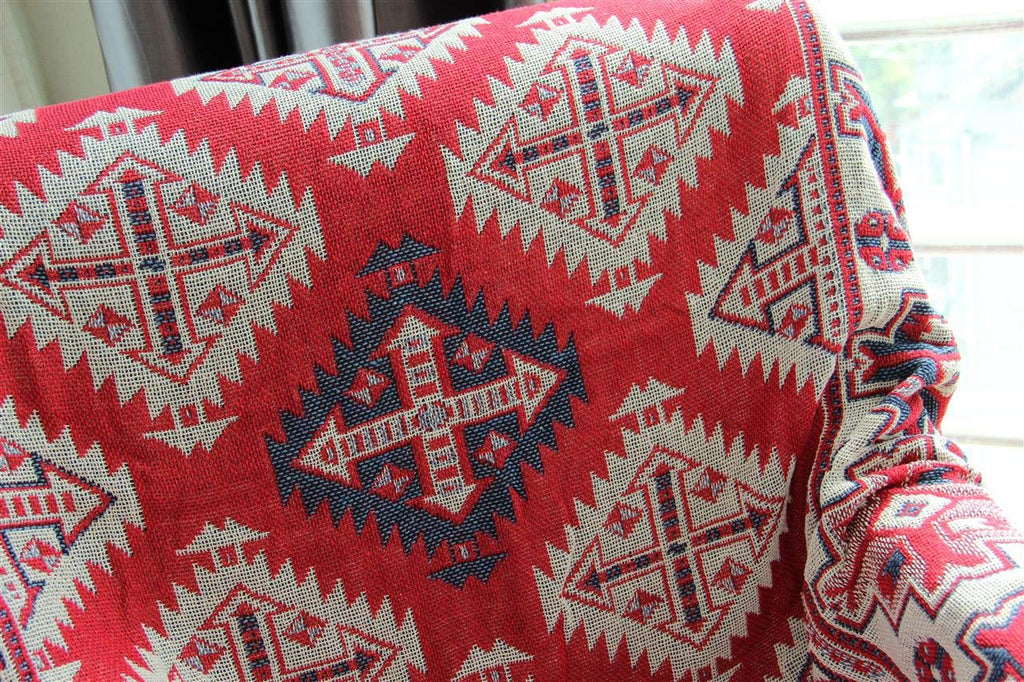 Bohemian Cotton Woven Red Geometric Pattern Throw Blanket with Tassel Couch Decorative Seat Cover Soft Chair Cover