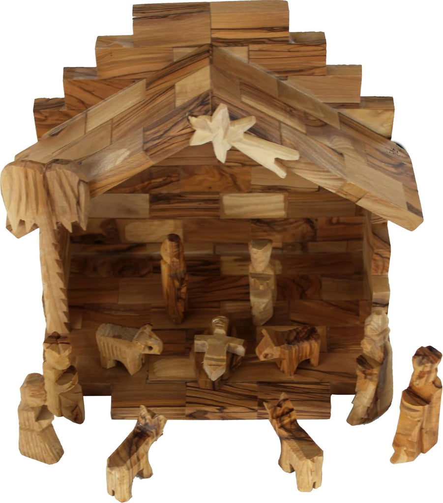 Land Market Olive Wood Nativity Scene - Inspirational Indoor Nativity Set with Plain Roof Stable, 12 Hand-Carved