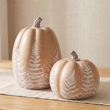 Fall Pumpkins for Decorating, Brown Resin Pumpkin Decor with Leaves Pattern - Set of 2