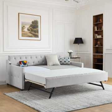 Twin Day Bed with Pop Up Trundle, Linen Button Tufted Extending Sofa Couch Bed w/USB&Type C Port, Upholstered Wood