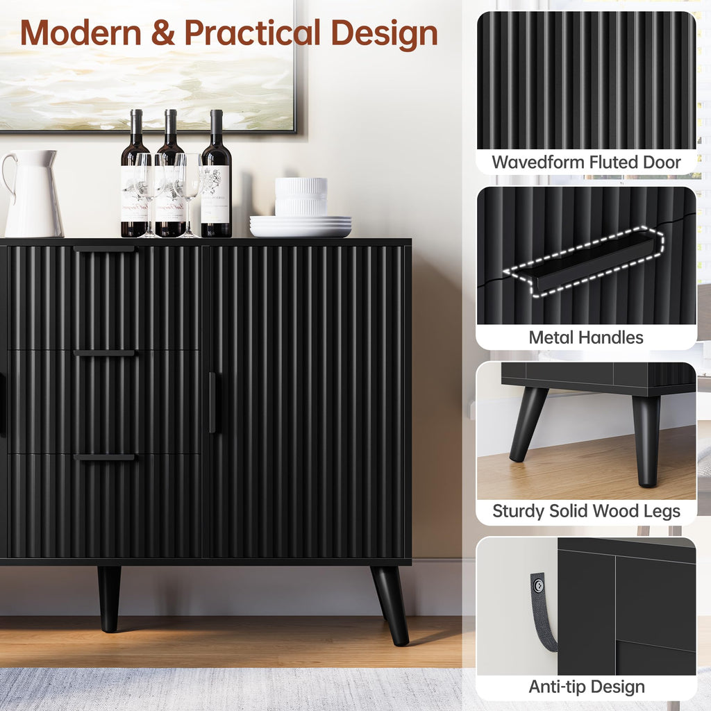 47.2" Fluted Sideboard Buffet Cabinet with 3 Drawers, Black Modern Buffet Cabinet with Storage, Large Storage