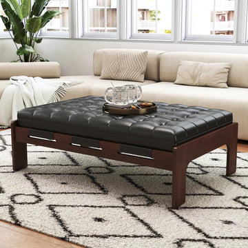 Modern 47.75" Rectangle Faux Leather Ottoman Coffee Table, Large Tufted Upholstered Cocktail Ottoman, Oversized