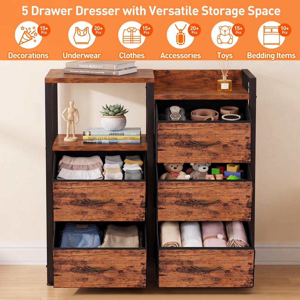 Rustic Brown Dressers , 5 Drawer Dresser for Closet